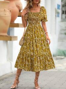 SHEIN Clasi Women's Floral Print Puff Sleeve Midi Dress
