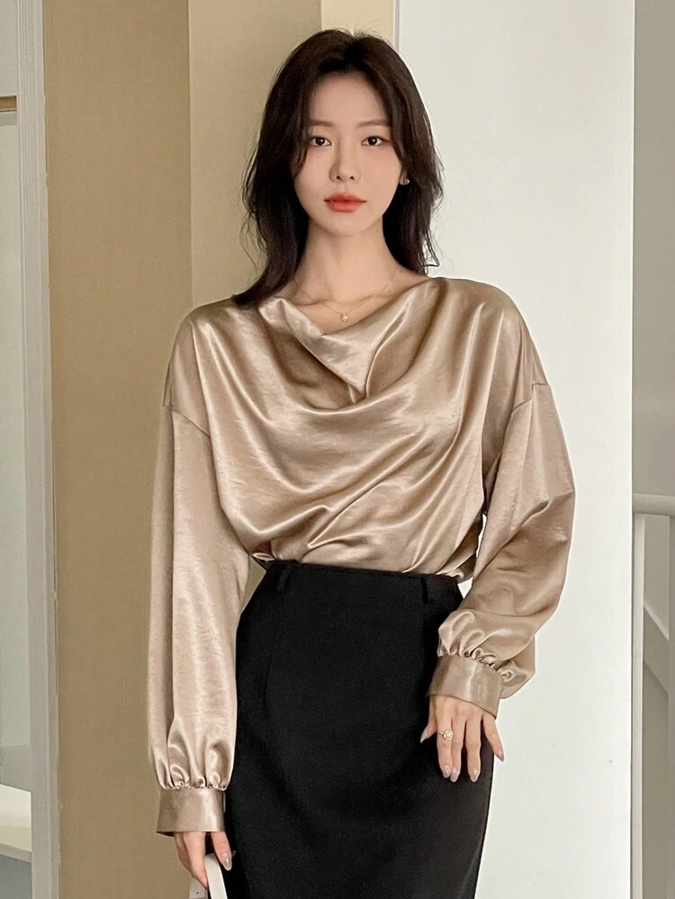 French Style Loose-Collar Satin Long Sleeve Blouse, Elegant Lady Casual Shirt