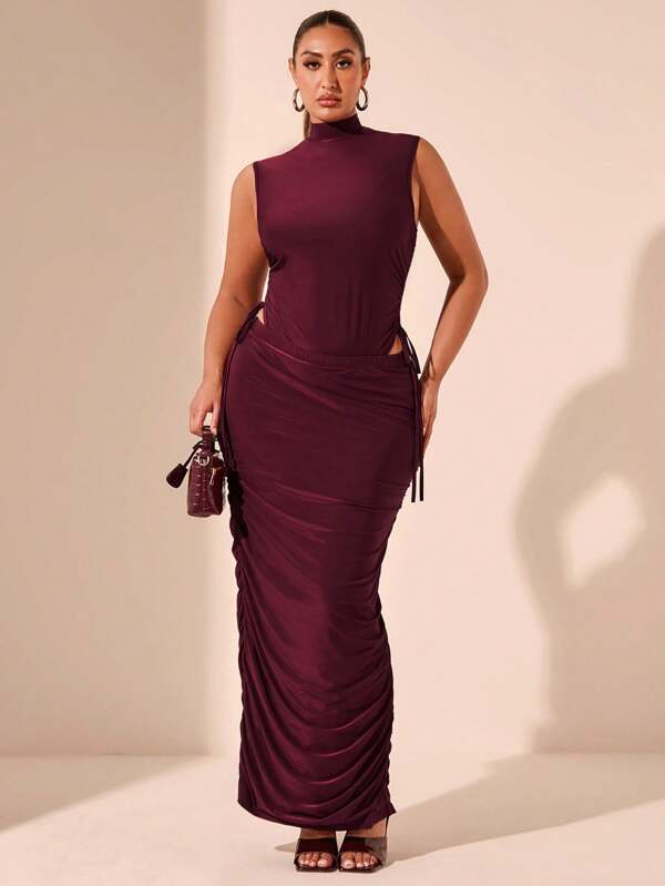 SHEIN X Garcia Sisters SHEIN BAE 1 Set Plus Size Women Maroon Casual All-Match Versatile Elegant Sexy Knitted Drawstring Ruched Camisole Jumpsuit With Long Skirt, Suitable For Valentine's Day, Carnival, Easter, Beach, Vacation, Back To School Season, Spring/Summer