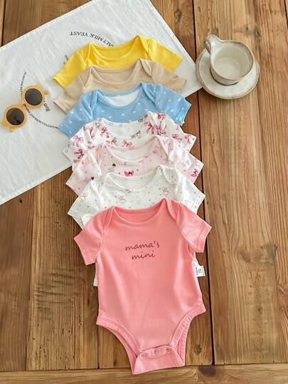 SHEIN LMoss Kids 7件套新生女宝宝可爱卡通印花短袖连体衣，夏季情人节款