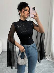 Rafferiza Sequin Contrast Mesh Sheer High Neck Bodysuit With Side Slit Fall Cloth For Women - Black - View 3