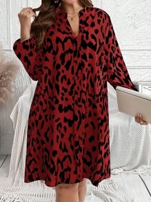 EMERY ROSE Plus Size V-hals Lange Mouw All-Over Print Losse En Elegante Herfstjurk