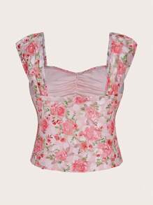 SHEIN ICON Plus Size Square Neck Front Ruched Rose Floral Knit T-Shirt