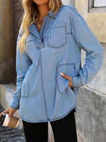 Breezaya Camisa informal de mujer de mezclilla con rayas, manga larga, cuello con solapas, otoño