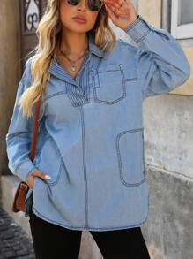 Breezaya Camisa informal de mujer de mezclilla con rayas, manga larga, cuello con solapas, otoño