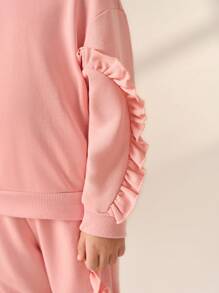 SHEIN Young Girl' Pink Ruffled Trim Sweatshirt, Casual & All-Match, Suitable For Spring And Autumn - Pink - View 3