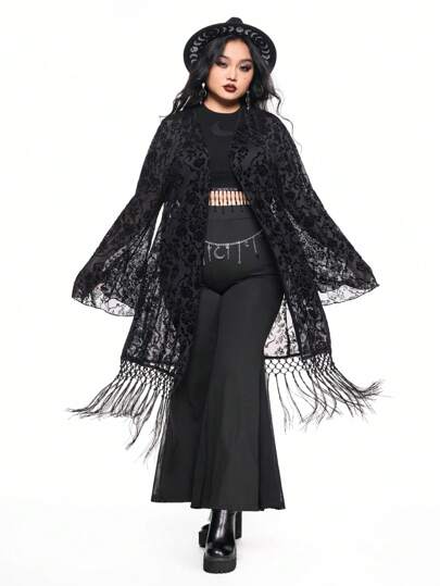 Hippie Plus Size Women Flocked Long Cardigan With Tassel Decor