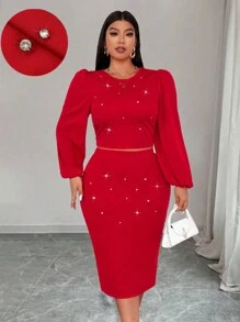 Celure 2pcs Women Plus Size Elegant Solid Color Rhinestone Decor Round Neck Puff Sleeve Christmas Party & Date Night T-Shirt With Mini Skirt Set For New Year Clothes