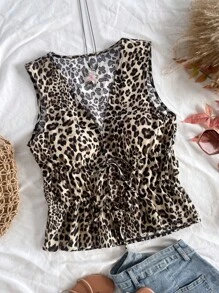 Soleia 女士度假豹纹系带蝴蝶结无袖上衣