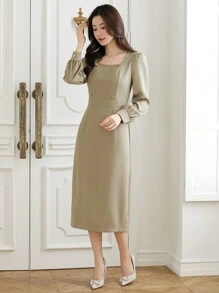 DAZY Solid Color Square Neck Puff Sleeve Midi Dress For Women,Fall Dress Long Sleeve Dress - Green - View 6
