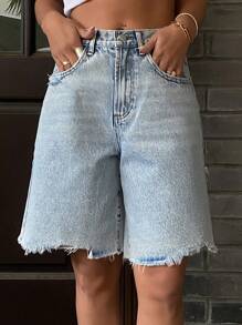 DAZY Women's Loose Casual Pocket Frayed Hem Denim Shorts - Light Wash - View 3