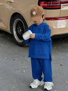 SHEIN Leap Crew 2pcs/Set Young Boys Casual Hoodie Sweatshirt And Pants Sets, Comfortable And Fashionable Loose Fit, Suitable For School, Everyday, Outdoor, Sports In Autumn/Winter - Royal Blue - View 1