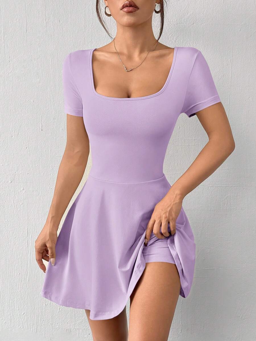 SHEIN EZwear Váy đan ngắn tay cổ vuông màu tử đinh hương cho nữ - Màu Lilac Tím - Xem 1