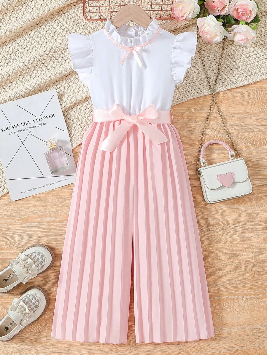 SHEIN Elladie kids 年轻女孩时尚套装，花朵盖袖上衣和阔腿裤连体衣，夏季 - 粉色 - 查看 1