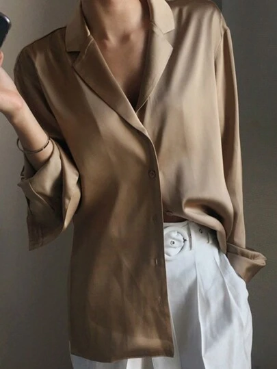 DAZY 女士缎面府绸超大翻领丝质衬衫 Y2K 秋季