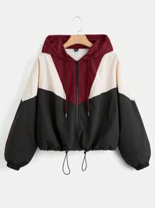 SHEIN EZwear Plus Size Autumn Casual Color-Block Drawstring Hooded Jacket Winter Fall - Burgundy - View 1