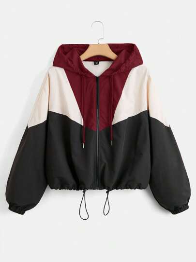 SHEIN EZwear Chaqueta con capucha con cordón y bloques de color, de estilo casual para tallas grandes, para otoño