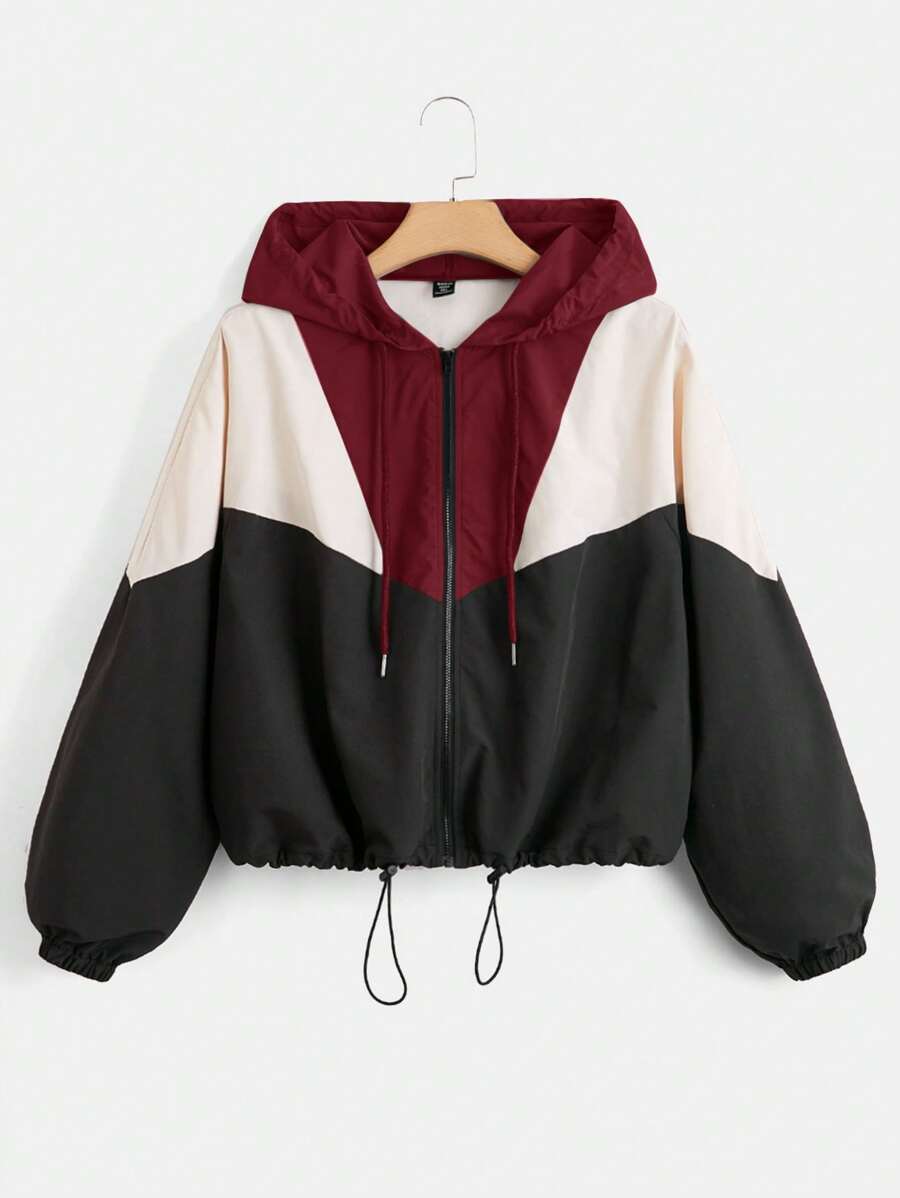SHEIN EZwear Plus Size Autumn Casual Color-Block Drawstring Hooded Jacket Winter Fall - Burgundy - View 1