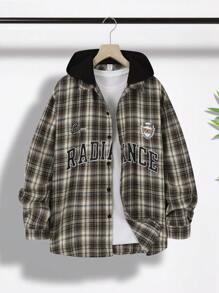 SHEIN Teen Boys' Casual College Style Comfortable Fashion Minimalist Practical Versatile Cute Soft Sweatshirt, Suitable For Daily Wear, School, Outdoor, Sports, Autumn/Winter, Letter & Plaid Print With Hood