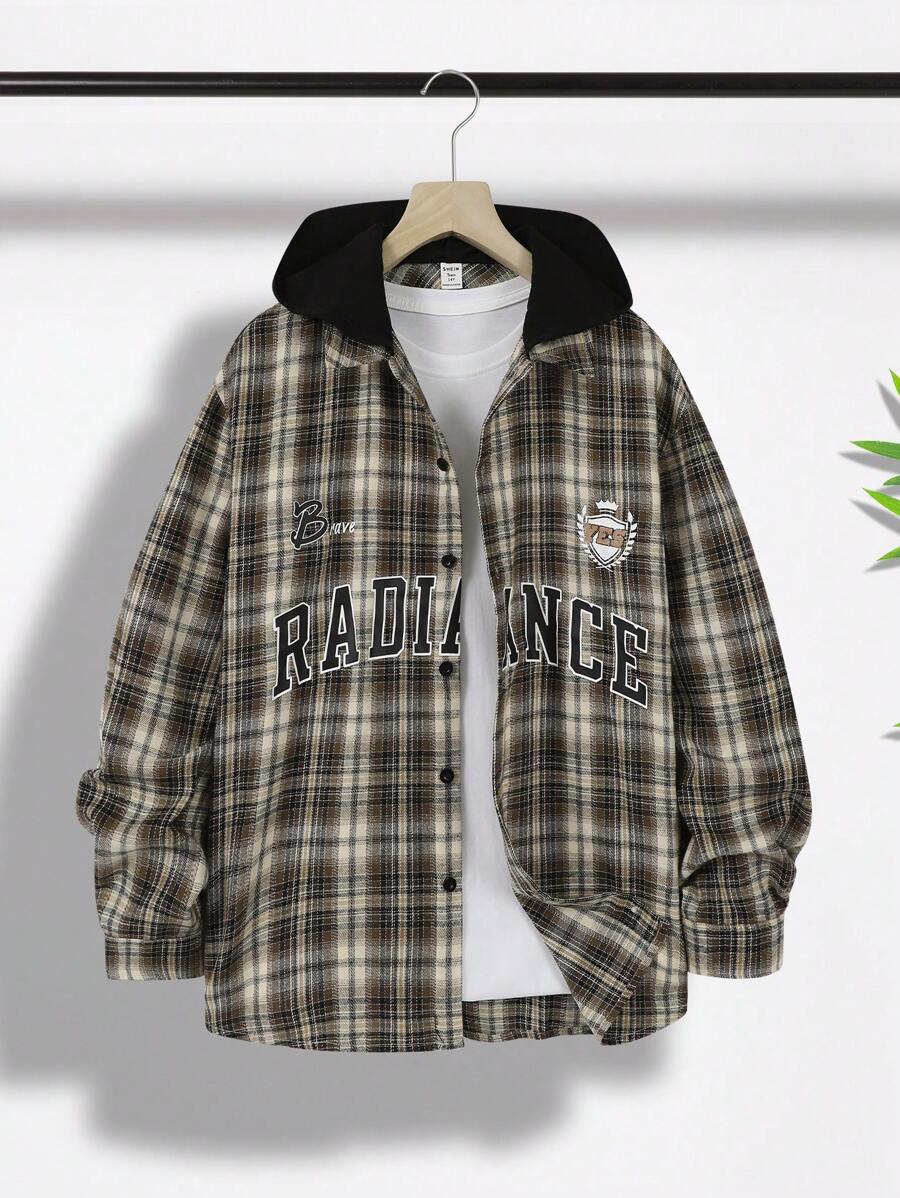 SHEIN Teen Boys' Casual College Style Comfortable Fashion Minimalist Practical Versatile Cute Soft Sweatshirt, Suitable For Daily Wear, School, Outdoor, Sports, Autumn/Winter, Letter & Plaid Print With Hood