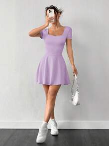 SHEIN EZwear Váy đan ngắn tay cổ vuông màu tử đinh hương cho nữ - Màu Lilac Tím - Xem 5