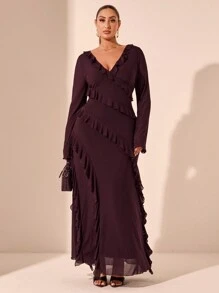 SHEIN Tall CURVE 大码长袖连衣裙，浪漫甜美荷叶边秋季连衣裙，适合约会、旅行、秋季内衣、蝴蝶结、女士夏季连衣裙、女士节日派对服装、优雅、生日服装、网眼、性感连衣裙、大码生日礼服、上衣、合身、纯色T恤、女士基本款上衣、西方女装、夏季衬衫、夏季上衣、紧身衬衫、复活节 - 酒紅色 - 查看 6