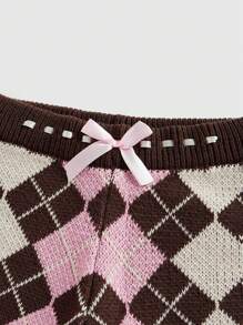 ROMWE Kawaii Y2K Gyaru Himekaji Retro Sweet Warm Collegiate Low Waist Plaid Women Sweater Shorts - Brown - View 3