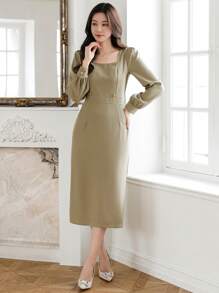 DAZY Solid Color Square Neck Puff Sleeve Midi Dress For Women,Fall Dress Long Sleeve Dress - Green - View 1
