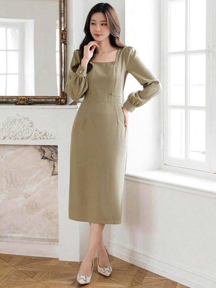 Solid Color Square Neck Puff Sleeve Midi Dress For Women,Fall Dress Long Sleeve Dress