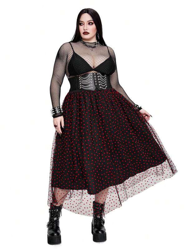 Whyspr Goth Punk Plus Size Valentines Lace Heart Mesh Skirt, Fashion Casual Cute Appealing Design Suitable For Date, Outing Maxi Goth Women Outfit