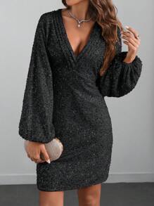 SHEIN Clasi 女士秋冬金色亮片 V 领蝙蝠袖短款派对连衣裙 - 黑色 - 查看 7