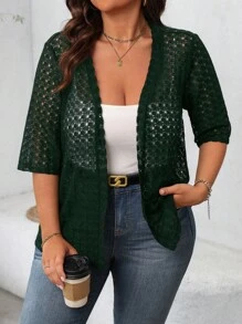 SHEIN LUNE Chaqueta delgada de punto abierta por delante de manga corta para mujer de talla grande en otoño/invierno - Verde Oscuro - Ver 3
