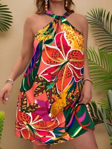 Travachic Plus Size Boho Tropical Print Backless Halter Dress, Casual Holiday Style, For Summer,Beach Dress Sundress,Holiday Outfits - Multicolor - View 6