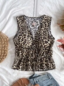 Soleia 女士度假豹纹系带蝴蝶结无袖上衣