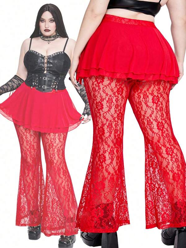 Whyspr Goth Punk Cute & Sweet Lace Flare Pants, Simple & Fashionable For Casual Everyday Wear For New Year Clothes,Valentine
