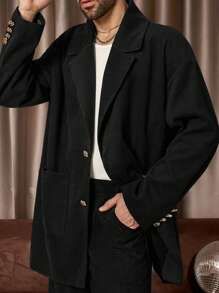 Manfinity VCAY 男士梭织时尚休闲宽松长袖开襟针织夹克，外出时尚黑色夹克，适合朋友、丈夫、男朋友的礼物，适合秋冬 - 黑色 - 查看 3