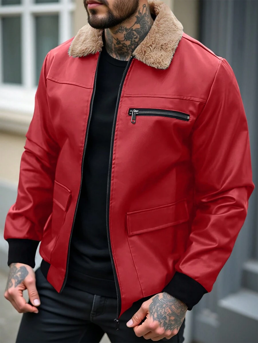 Manfinity Homme 男士人造毛拼接长袖前拉链口袋夹克、字母夹克、秋季男装、冬季男士夹克、保暖夹克、毛领