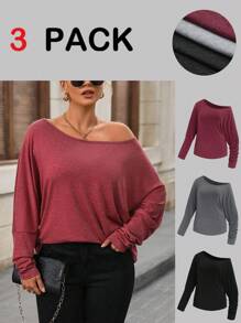 SHEIN LUNE Conjunto informal holgado de 3 piezas (camiseta de manga larga, cuello sesgado y colorido) tallas grandes, adecuado para Año Nuevo, Día de San Valentín, Acción de Gracias, Navidad, Fiesta nacional, Nochevieja, Fiesta de Navidad, decoración navideña, ropa de hogar navideña, vacaciones de primavera