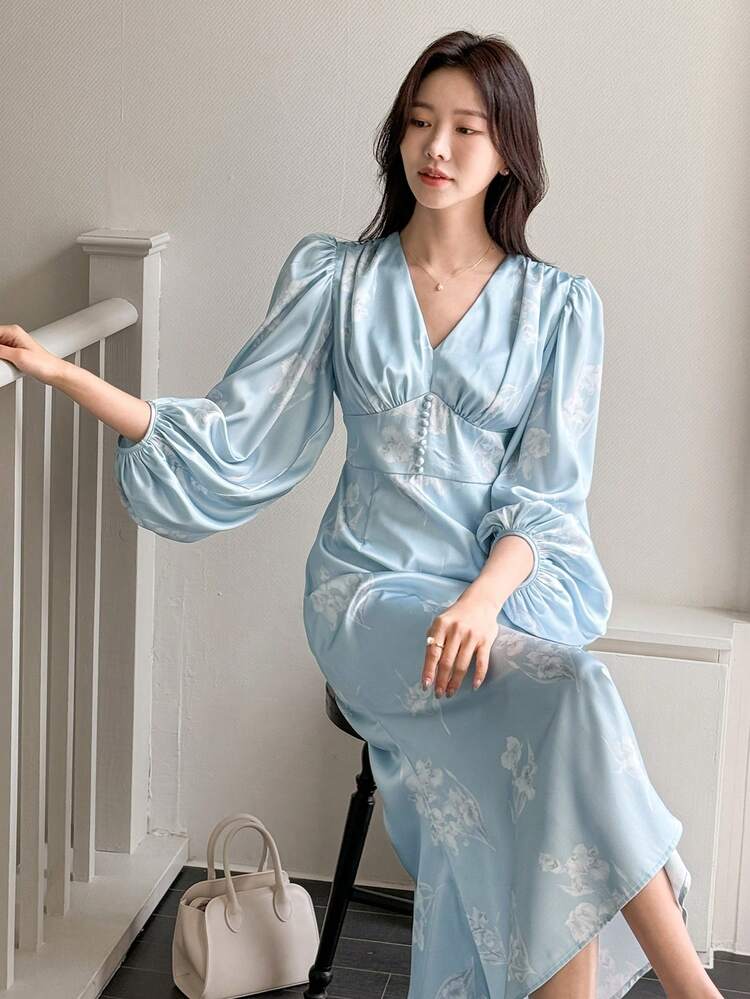 French Retro Exquisite Print V-Neck Gathered Waist Flare Sleeve Long Dress,Fall Dress Long Sleeve Dress Maxi Dress