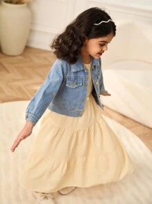 SHEIN 2pcs/Set Young Girl Denim Jacket & Apricot Sleeveless Dress, Casual Fashion Transitional Outfit, Suitable For Spring, Summer, Autumn - Multicolor - View 5