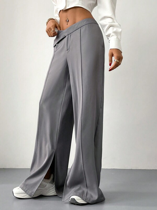 Aloruh Women's Solid Gray Elegant Casual Commuting Super Low Waist Floor Length Wide Leg Straight Pants, Autumn/Winter