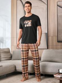 2 件套男士可爱熊印花短袖衬衫和格子裤睡衣套装，送给男朋友的礼物 - 彩色 - 查看 6