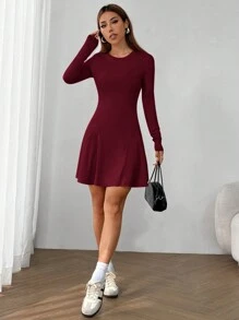SHEIN EZwear Fitted Waist Ruffle Hem Women Autumn Dress - Burgundy - View 5