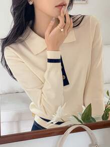DAZY Color Block Pullover Sweater For Ladies, Elegant Style Fall - White - View 6