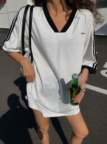 DAZY Women Striped Loose Fit Short Sleeve Letter T-Shirt Oversized T-Shirt