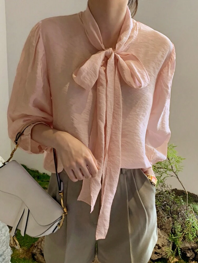 Women's Tie Detail 3/4 Sleeve Loose Casual Shirt, Minimalist And Fashionable For Daily Wear,Fall Clothes