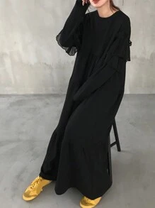 FRIFUL Women's Solid Color Round Neck Ruffle Hem Loose Midi Dress, Elegant,Fall Dress Long Sleeve Dress - Black - View 4