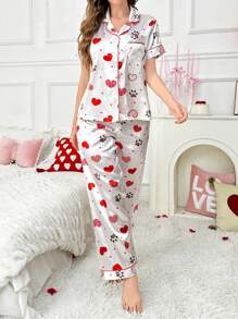 Satin-Like Heart Print Shawl Collar Cardigan Pajama Set