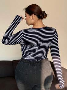 Dazy Petite Plus Crew Neck Half Placket Fitted Striped Long Sleeve Short T-Shirt, Black, Spring/Summer/Autumn - Black - View 2