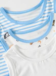3件套男童休闲可爱宇航员火箭字母印花无袖上衣，适合日常穿着，夏季百搭 - 藍色 - 查看 3